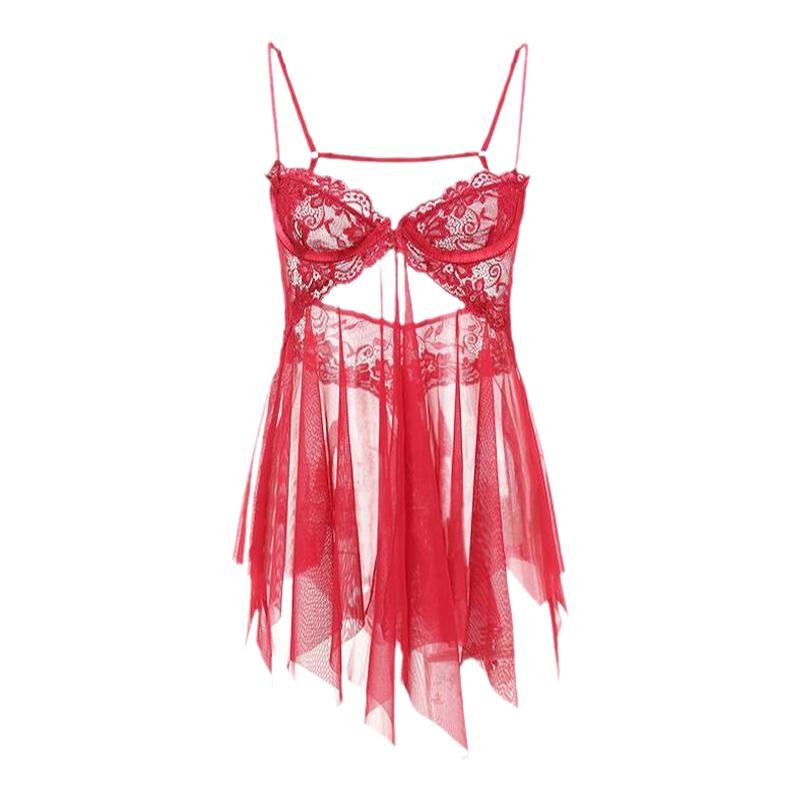 今夕何夕性感睡衣女纯欲风小胸qqny火辣情调透视网纱镂空吊带睡裙