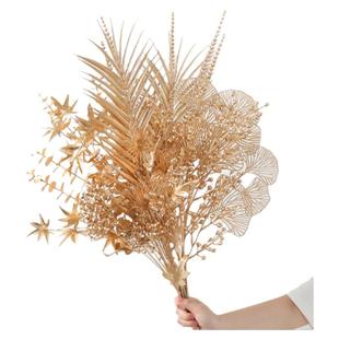 金色系仿真花新年福桶插花 尤加利叶扇叶冬青果红果 客厅餐桌装饰