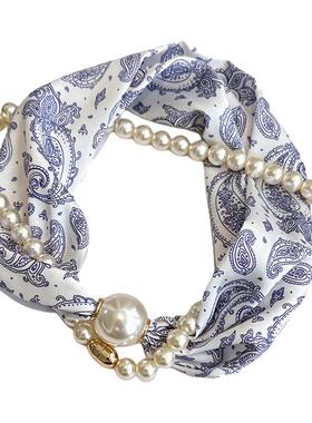 磁吸扣珍珠项链丝巾女 妈妈款护颈围脖懒人搭配衬衫围巾