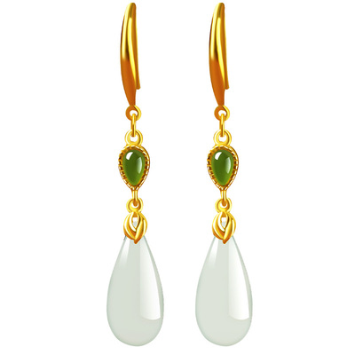 宫里上新天然和田玉水滴纯银耳环