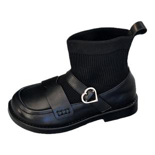 贝然真皮针织袜靴女童靴子2025新款冬公主风宝宝皮鞋加绒儿童棉靴