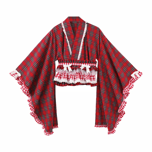 MEME原创设计 日系昭和复古可爱和风少女上衣 红格子改良和服浴衣