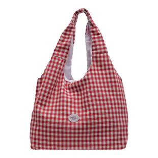日系撞色红格子帆布包女2024新款大容量文艺小清新通勤百搭单肩包