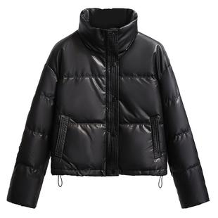 黑色高级感pu皮立领短款高腰面包羽绒服女2025冬季新款小个子外套