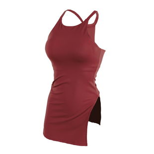 奔跑吧卡卡含胸垫运动上衣女细肩带无袖背心长款开叉瑜伽健身服秋