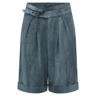 [断码清仓]COCOBELLA砂洗炒色亚麻短裤双腰带牛仔风打褶裤SO0002