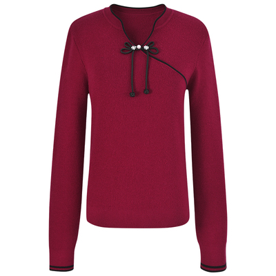 复古改良旗袍领盘扣毛衣