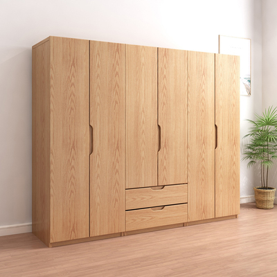 全实木橡木衣柜卧室家用北欧原木风平开门儿童储物柜子小户型衣橱