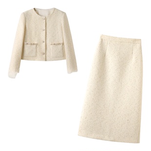 法式小香风白色羽绒套装裙女2025冬装新款轻奢高级感半身裙两件套