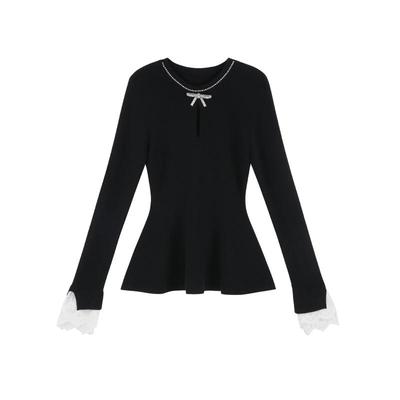 小香风重工钉珠黑色收腰毛衣女春