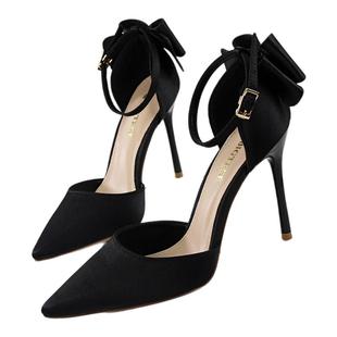 BIGTREE韩版甜美女鞋细跟高跟鞋浅口尖头绸缎蝴蝶结一字带凉鞋OL