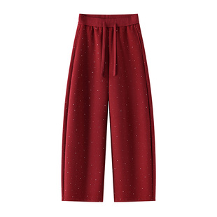 满天星红色弯刀裤女冬季加绒加厚2025新款高腰宽松直筒阔腿裤子冬