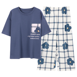夏季100%纯棉短袖睡衣套装七分裤全棉家居服格子条纹可外穿卡通