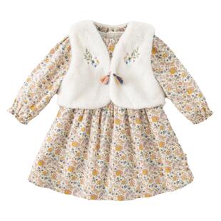 戴维贝拉女童连衣裙冬装儿童毛绒马甲裙子两件套宝宝加绒衣服童装