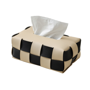 车载用高颜值黑白棋盘格纸巾盒客厅高档轻奢风创意编织皮革抽纸盒
