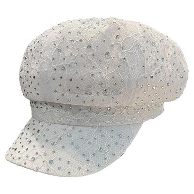 韩版重工水钻蕾丝八角帽显脸小