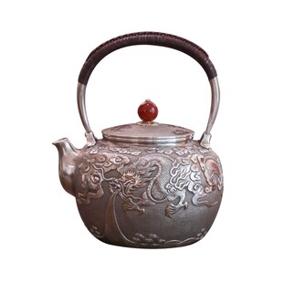 纯银时代錾刻祥云龙凤呈祥烧水银壶足银999纯手工一张口打出1.1升