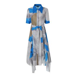 IDPAN女装夏季新款时尚减龄修身设计艺术印花衬衫领连衣裙