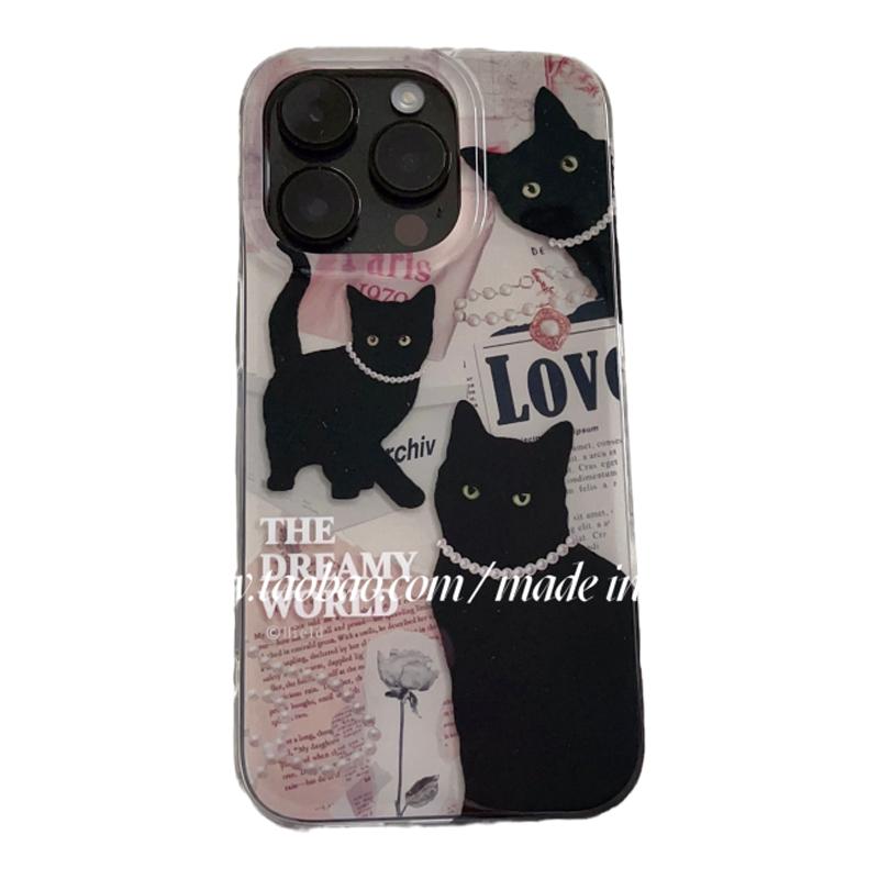 SHERRY*ins高级感复古报纸黑色小猫咪适用于iphone17promax苹果16小众15手机壳韩风可爱卡通14情侣
