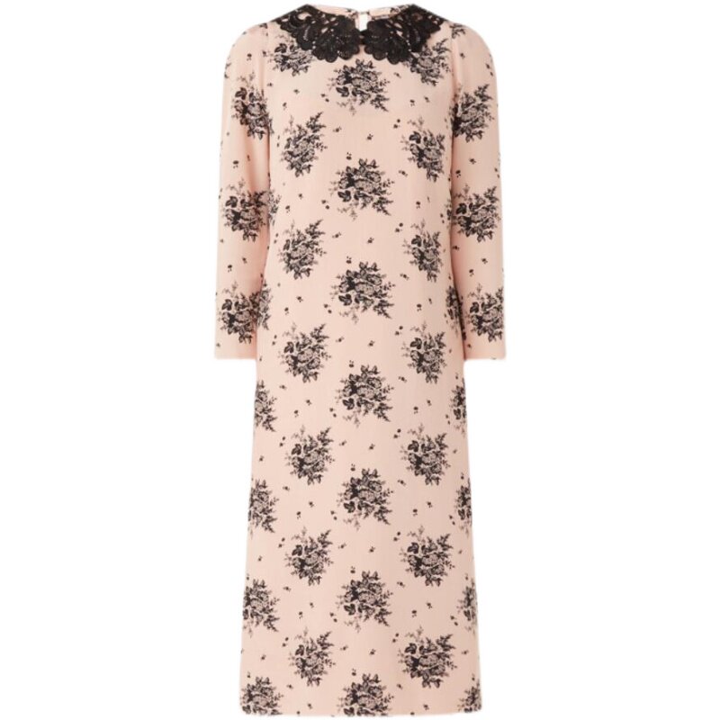 UNI CLOSET长袖真丝连衣裙一步裙茶歇裙H型淡粉碎花娃娃领蕾丝