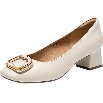 千百度粗高跟羊皮浅口单鞋女款2025春夏新款通勤正装法式晚晚鞋