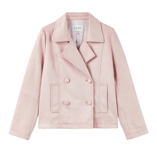 秋水伊人时尚优雅仿麂皮上衣2026年春季新款百搭翻领双排扣短外套