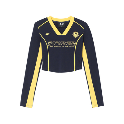 FORNINES美式复古V领正肩长袖T恤