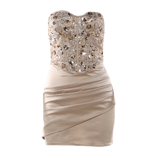 怪诞女孩 轻奢风精致亮片拼接抹胸连衣裙女 名媛千金晚宴礼服短裙