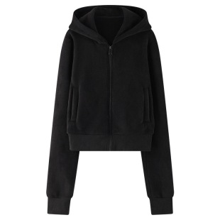 十一石 摇粒绒短款连帽卫衣开衫外套女微喇卫裤小个子休闲套装