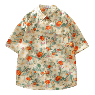 炫葵多巴胺穿搭夏季清爽碎花冰丝短袖花衬衫男衬衣短裤痞帅一套装