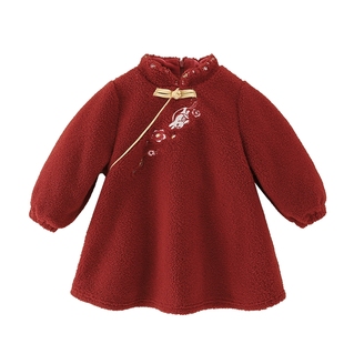 [远红外]女童裙子宝宝冬季中式公主裙小童秋冬红色加绒新年连衣裙