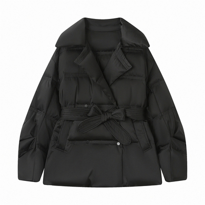 2025新款女装冬季修身收腰中长款羽绒服女西装领90白鸭绒外套黑色