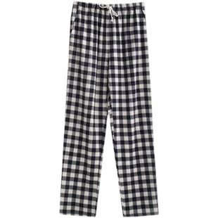 日式简约格子珠家美绪睡裤男女春秋季纯棉针织休闲长裤情侣家居裤