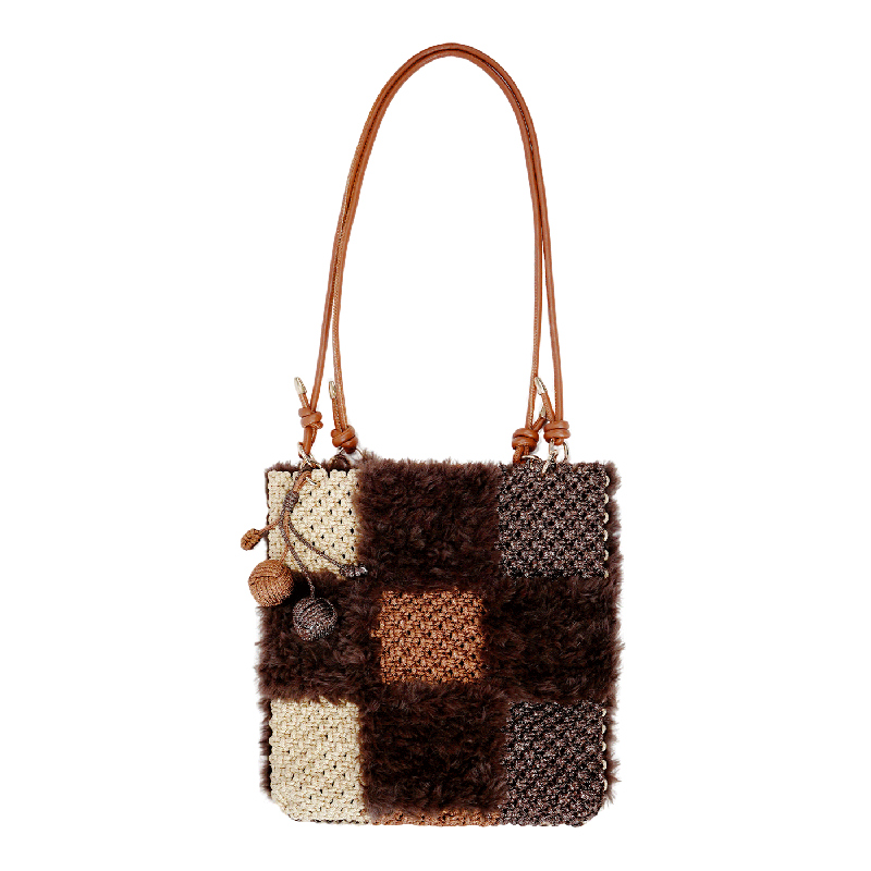 格律单肩包皮草祖母格拼接手工编织包包diy自制材料包单肩包秋冬