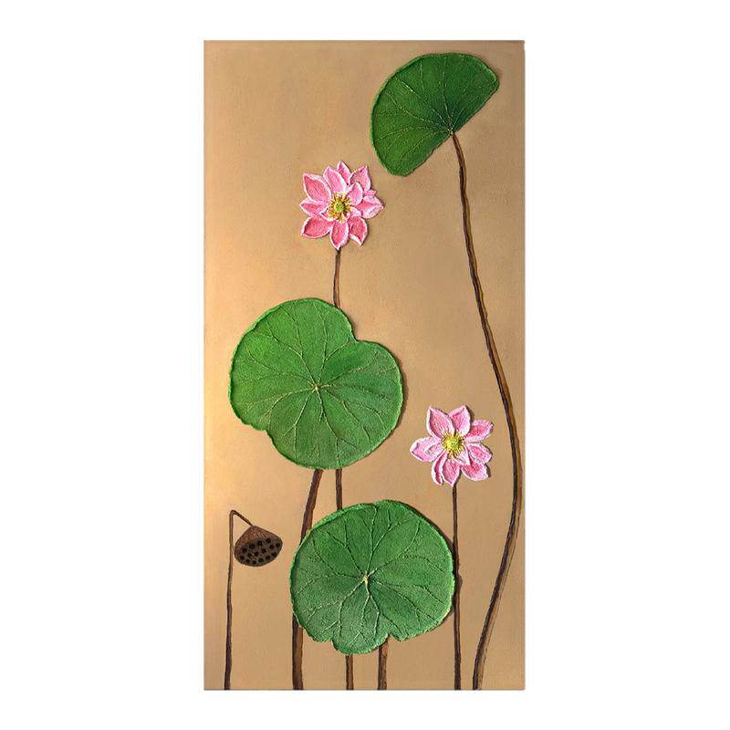 东南亚手绘粗砂岩油画荷花装饰画
