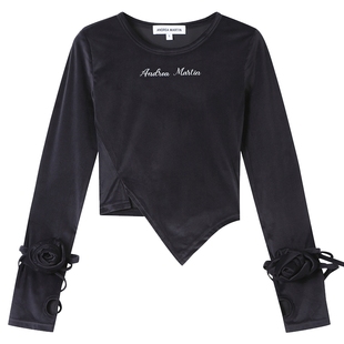 ANDREA MARTIN秋冬新款丝绒玫瑰花开叉打底衫修身不规则长袖T恤