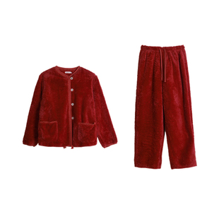 朵朵可可家居服睡衣女2025新款秋冬季加厚双面绒撞色织带开衫套装