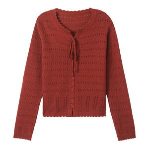 初春上衣女镂空针织衫2024新款春季女装系带低领薄毛衣打底衫春秋