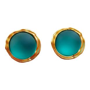 欧美小众复古天使之泪雾面琉璃圆形耳夹中古vintage轻奢蓝色耳环