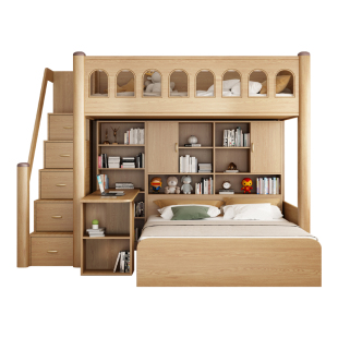 实木交错式上下床儿童书桌衣柜一体高低床小户型子母床上下铺木床