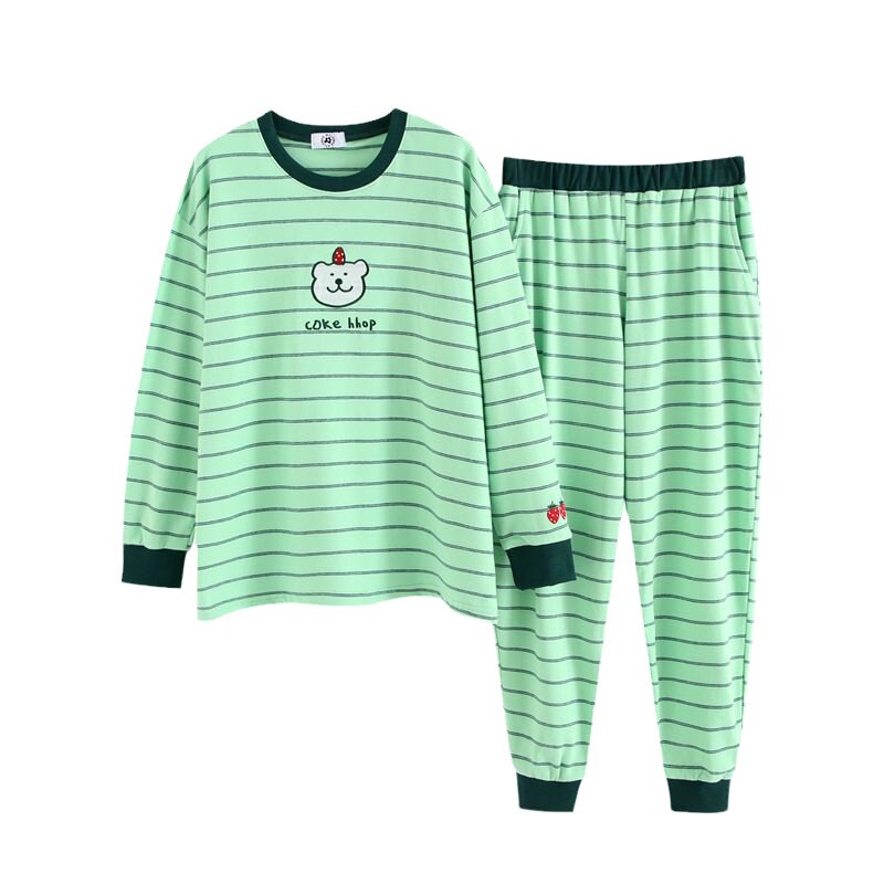 HEARMES 春秋季小熊条纹睡衣女长袖纯棉可爱休闲圆领可外穿家居服