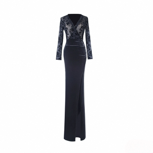 礼服高端轻奢高级感年会主持人黑色晚礼服冬季长袖宴会鱼尾连衣裙