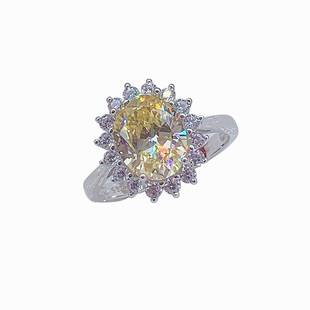 925纯银镶嵌 莫桑高碳钻黄钻戴妃戒指女指环夸张日韩开口克拉钻戒