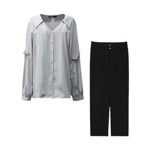 蓝若水大码女装胖MM春装时尚v领雪纺衬衫套装通勤西装长裤两件套