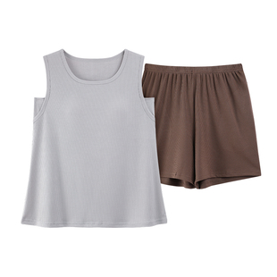 自带胸垫一体螺纹冰丝无袖睡衣女夏季薄款背心短裤套装夏天家居服