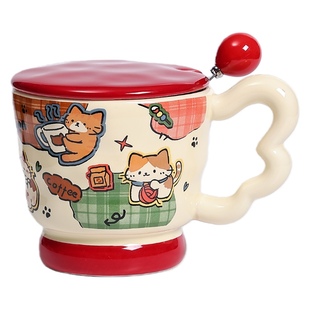 鹿谷川创意釉下彩陶瓷杯子情侣喝水杯下午茶带盖勺的咖啡杯马克杯