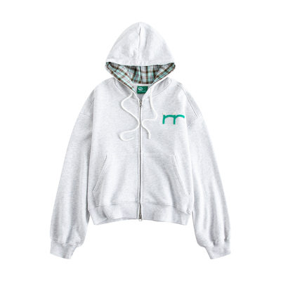 格子拼接开衫连帽卫衣慵懒外套