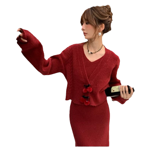 CLOUDSEASON樱桃毛衣套装两件套2025早春新款套装裙搭配修身气质