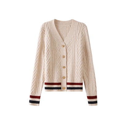 OSA复古学院风菱格绞花毛衣开衫