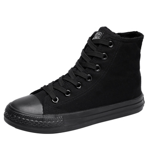 冬季加棉高帮帆布鞋女韩版全黑加绒休闲鞋百搭舒适小黑鞋保暖棉鞋